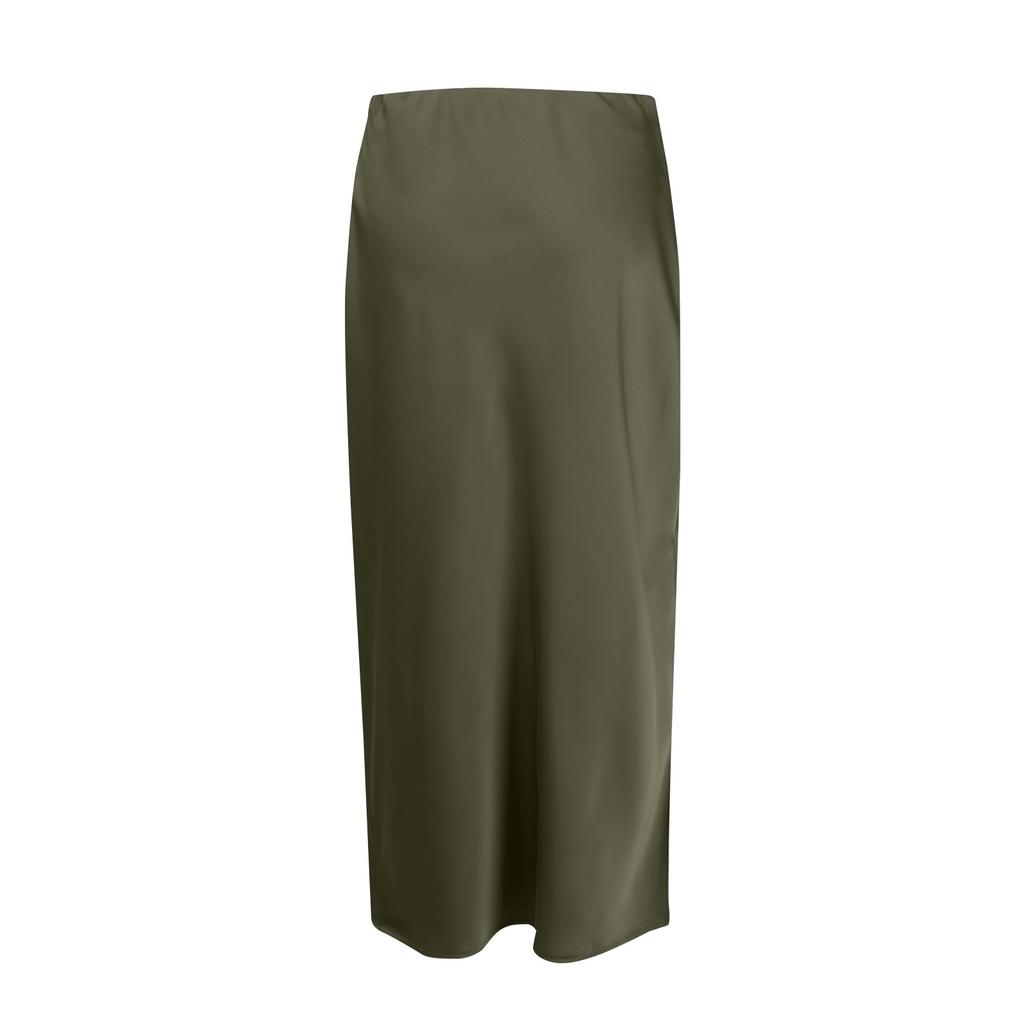 Women's High-Quality Satin Half Skirt With Elastic High Waist Solid Color Split Mid Length Skirt