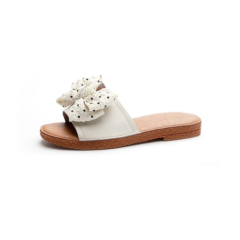 Soft Bottom Large Size Summer Wear 2025 New Bow Flat Bottom One Word Women's Fashion Beach First Layer Cowhide Cool Slippers