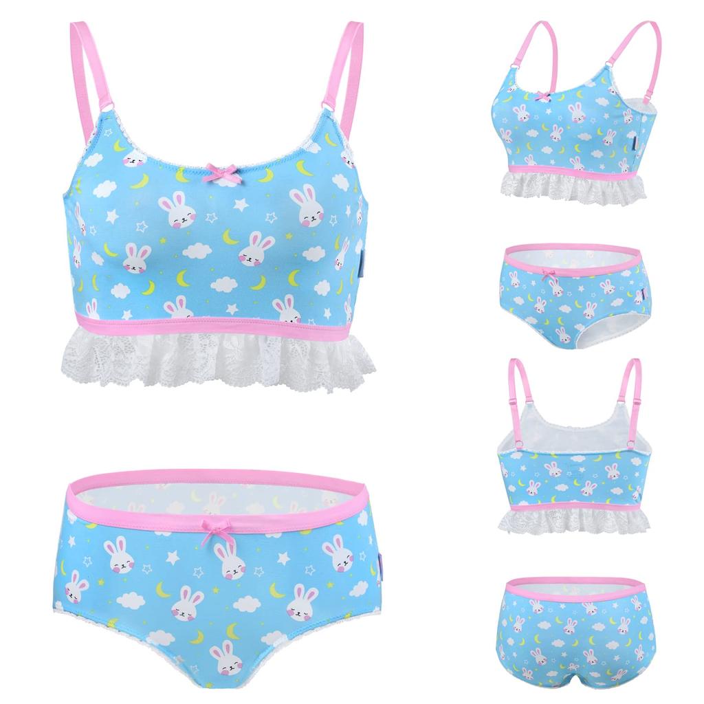 LittleForBig Bunny Lingerie Set with Star and Moon Print and Lace Cotton Size M Women's 2-Piece Ruffles, Pajamas,