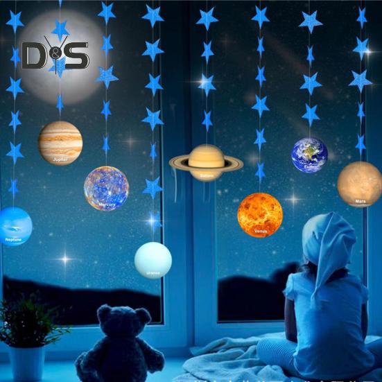 1 комплект долговечных подвесных флагов в виде планеты с блестящими звездами, привлекающий внимание баннер с тематикой звездного неба, декор для вечеринки по случаю дня рождения