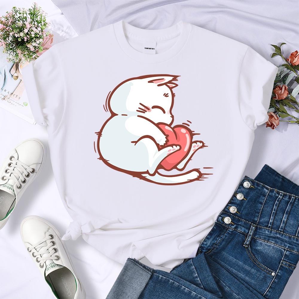 Embrace The Red Heart White Cat Летняя женская футболка с 3D-печатью в стиле хип-хоп Мягкие футболки Универсальная одежда Y2K Повседневная уличная одежда с круглым вырезом