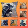 Funny Art Wave Kanagawa Cat Throw Pillow Case For 45x45cm,55x55cm,30x30cm For Home Bedroom Decoration And Protector