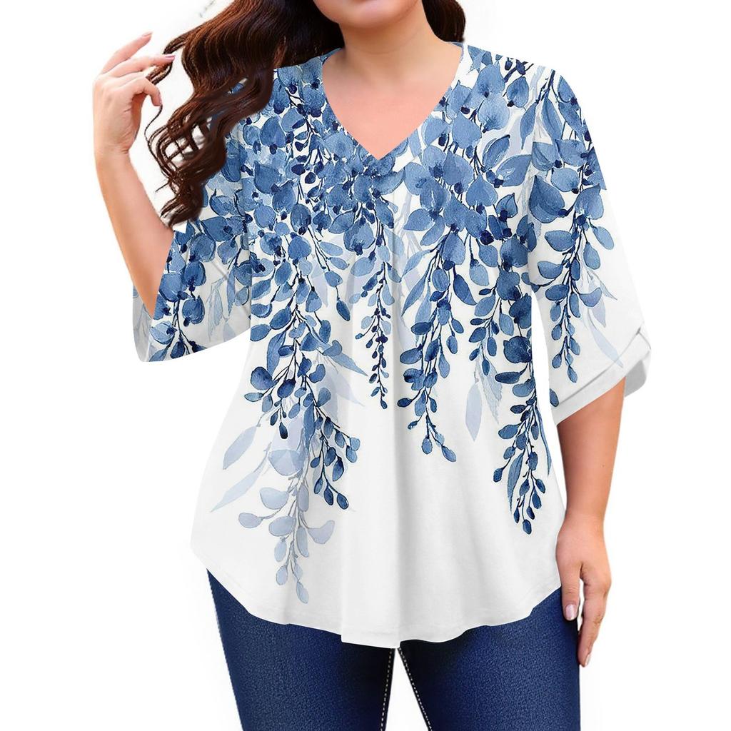 Women's Fashion Large Size Printed V-Neck Three-quarter Sleeve Top