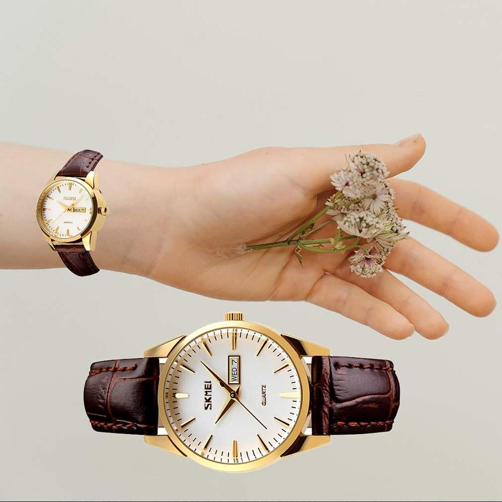 SKMEI Women's Quartz Analog Watch Brown Leather Band Waterproof Casual Dress with Date Stylish Gift for Her Mother's Day
