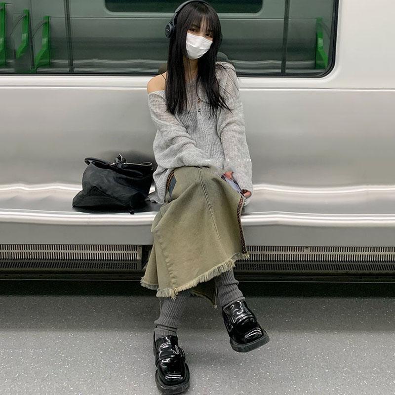 Серый вязаный ажурный свитер с защитой от солнца, женские свободные ветровые топы Y2K, тонкая верхняя одежда, пуловер, готические свитера