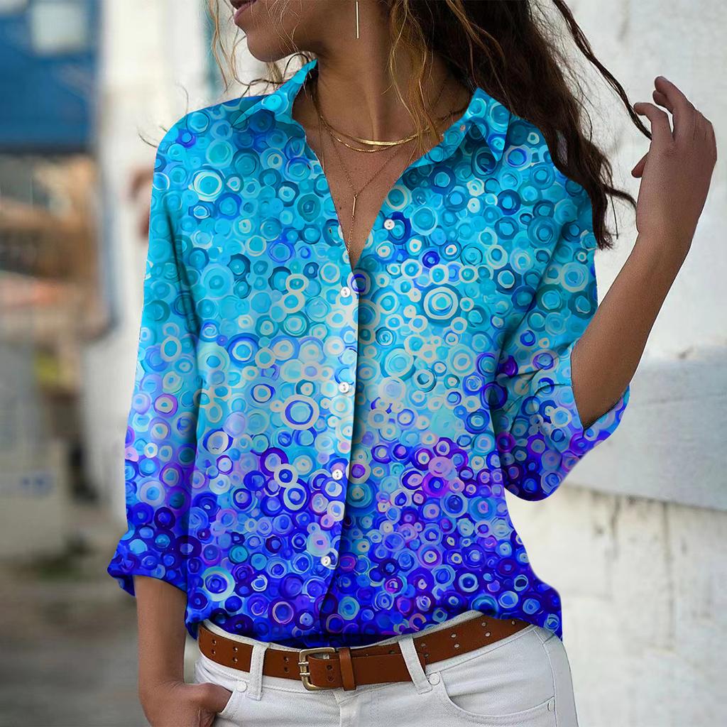 Raindrop Print Women Blouse Spring Autumn Femme Office Lady Button Up Turn Down Collar Shirts