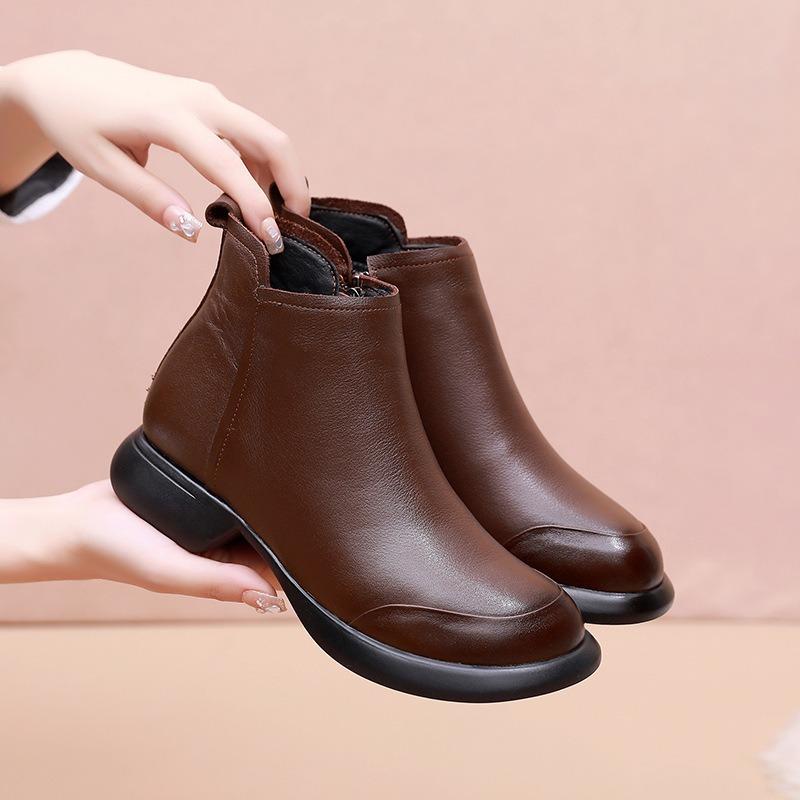 Low-heeled Martin Boots Women's First-layer Cowhide Comfortable Soft-soled Women's Short Boots Flat-soled Boots Women's Velvet Cotton Boots