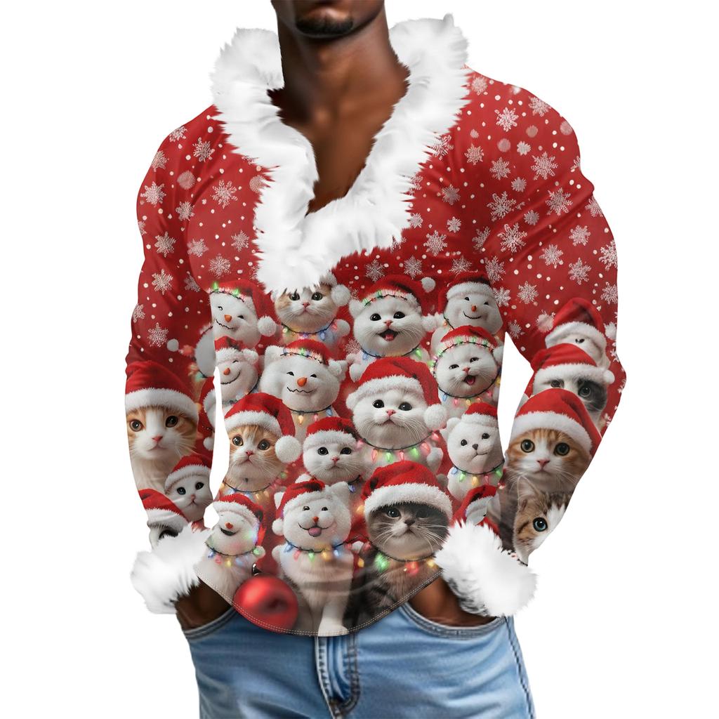 Мужской повседневный рождественский плюшевый свитшот с V-образным вырезом и длинными рукавами из флиса
