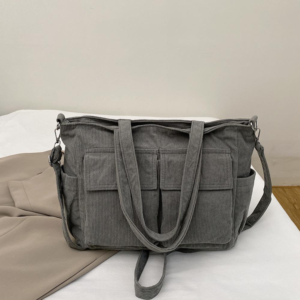 Vintage Corduroy Tote Bag Elegant Casual Underarm Bag Simple Multi-pocket Shoulder Bag  Holiday
