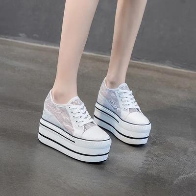 Мода 11 см Натуральная кожа Платформа Танкетка Массивные кроссовки Скрытые каблуки Повседневные Дышащие НОВЫЕ Весна Лето Высокий Бренд Вулканизированная обувь