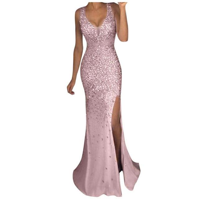 High Slit Dress Women Sequin Prom Party Elegant Lady Backless Sexy Dress Ladies Gold Elegant Bridesmaid V Neck Long Dress