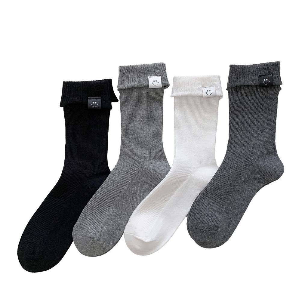 Женские гольфы до середины икры с отворотом и смайликом - Корейский стиль, Европейский тренд, Осень-Зима, Простой дизайн