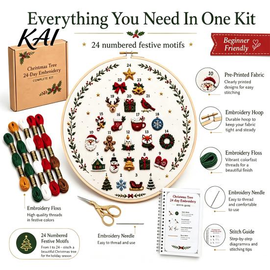 DIY Decorative Hanging Ornaments 24 Days Christmas Tree Embroidery Kit, Sewing Kit for Beginners, Holiday Handmade Countdown Gift Idea Material