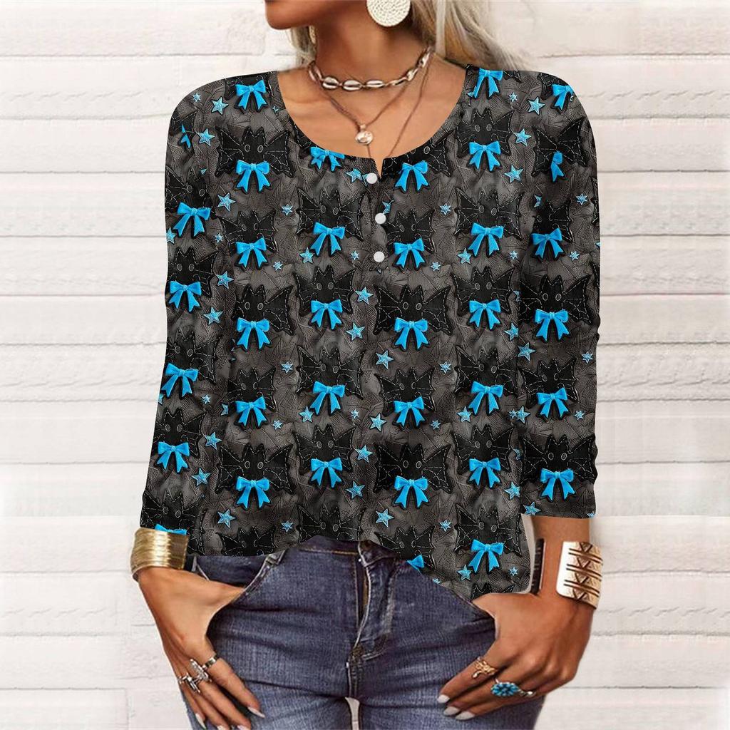 Long Sleeve Shirts For Women Halloween Pattern Print Graphic Tees Blouses Casual Plus Size Basic Tops Pullover