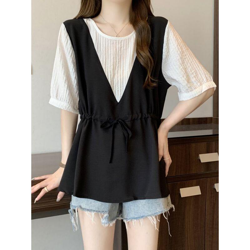 Women's Clothing Patchwork Fake Two Pieces Short Sleeve T-shirt Female Summer Plus Size Ladies Cover Belly Lace-up Waist-Controlled Slimming Chic Tops