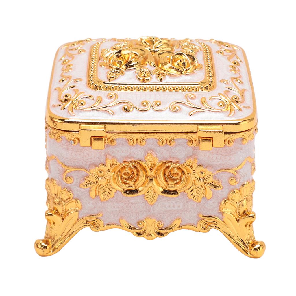 European Style Vintage Metal Jewelry Box Square Decorative Trinket Jewelry Storage Box for Earrings Necklaces White