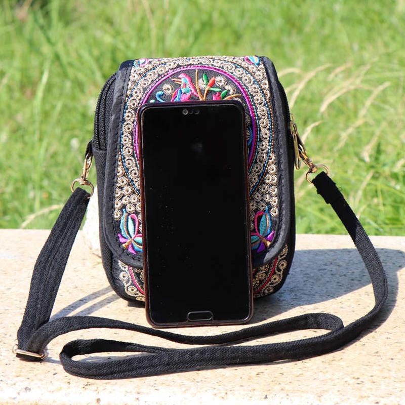 Yogodlns Популярная Юньнаньская сумка для мобильного телефона в этническом стиле, двухслойная холщовая сумка с клапаном, вышитая мини-сумка, нулевой кошелек
