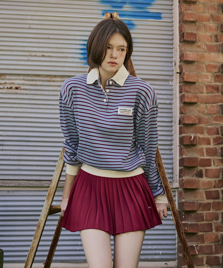 KANDINI Blue Striped Ribbed Polo Shirt