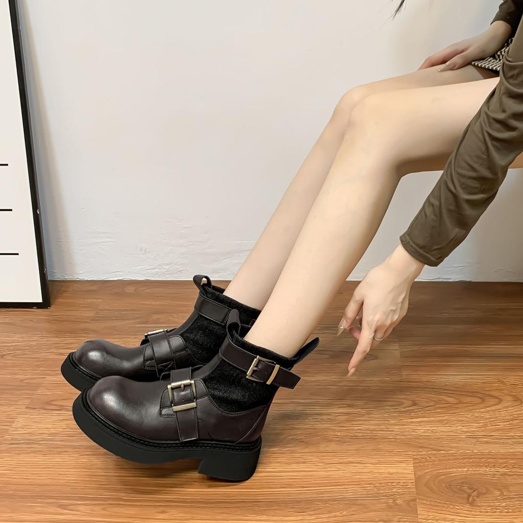 British Style Retro Martin Boots Belt Buckle Korean Version of Short Boots Internet Celebrity Tide Thick Sole Heightening Boots Niche Fashion Boots