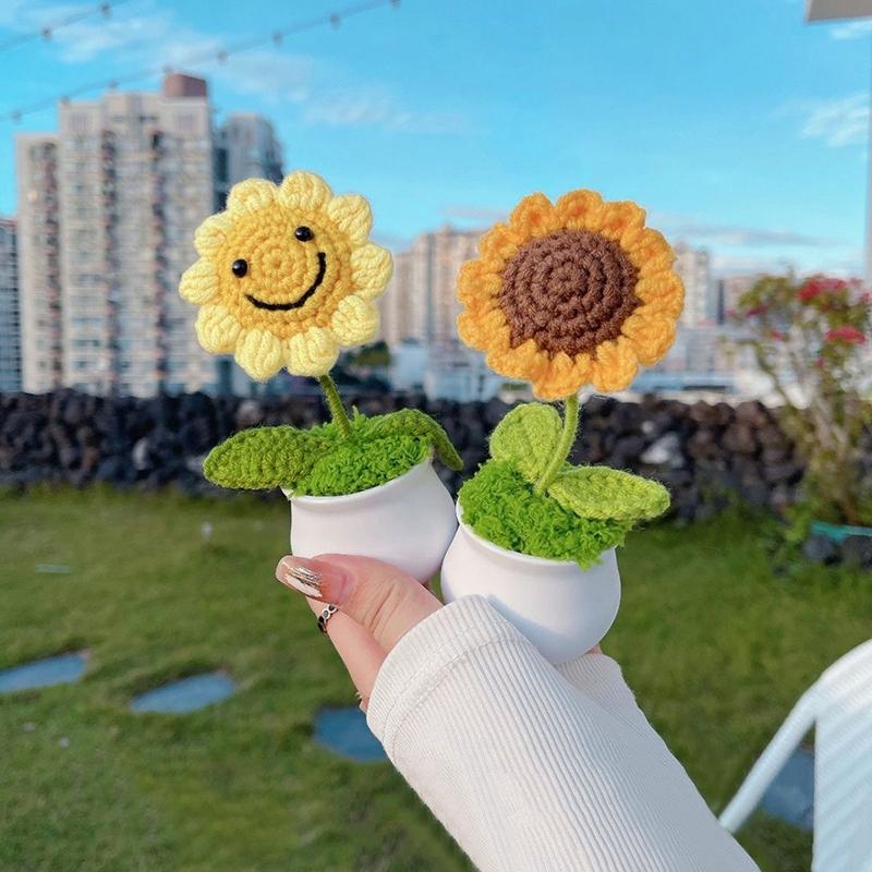 Подсолнух Вязаный цветок Искусственные цветы Ручной работы Готовый Подсолнух Вязаные растения Подарки для гостей на свадьбе Украшение для рабочего стола