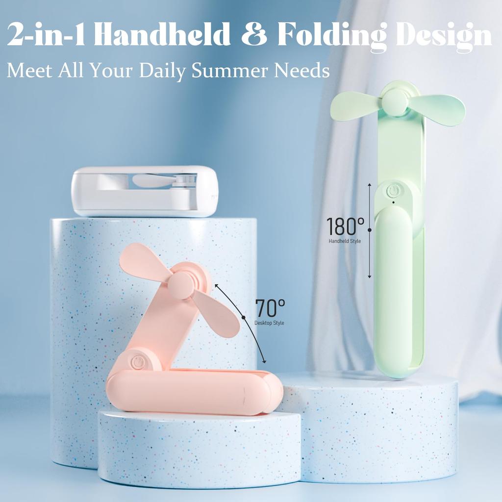 Portable Handheld Fan 2-in-1 Mini Foldable Design USB Rechargeable Battery Operated Personal Fan with 8-15 Hours Working Time Ultra-Quiet Pocket Fan