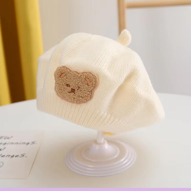 Зимний вязаный берет для малыша, милая мультяшная шапка художника с медведем для младенца, осенне-зимняя теплая шерстяная детская шапка художника