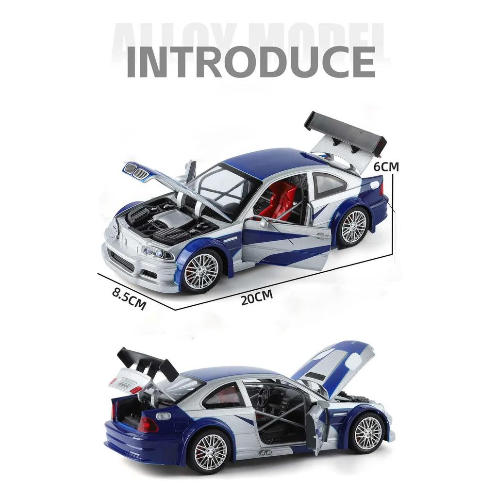 1/24 BWM M3 E46 GTR Литая модель автомобиля из сплава Металлическая спортивная гоночная машина Игрушка со звуком и светом Коллекционные украшения Подарок для детей