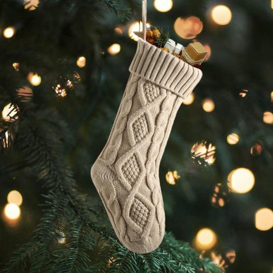 Рождественский мешок конфет Вязаный узор ромба Подарочный пакет большой емкости Декоративные носки Висячие чулки Рождественские елочные украшения Рождественские украшения Опора