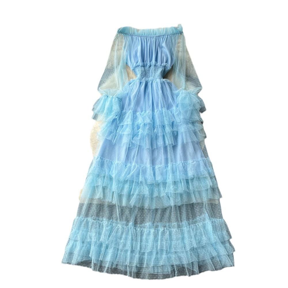 Платье-торт из сетки с французскими оборками, женское, с тонкой талией, темпераментное, на одно плечо, супер-сказочное длинное платье