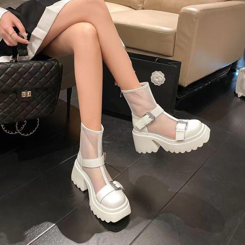 2024 Лето Новые толстые каблуки Высокий каблук Hollow Cool Boots Женские сетчатые сапоги Толстая подошва Короткие сапоги