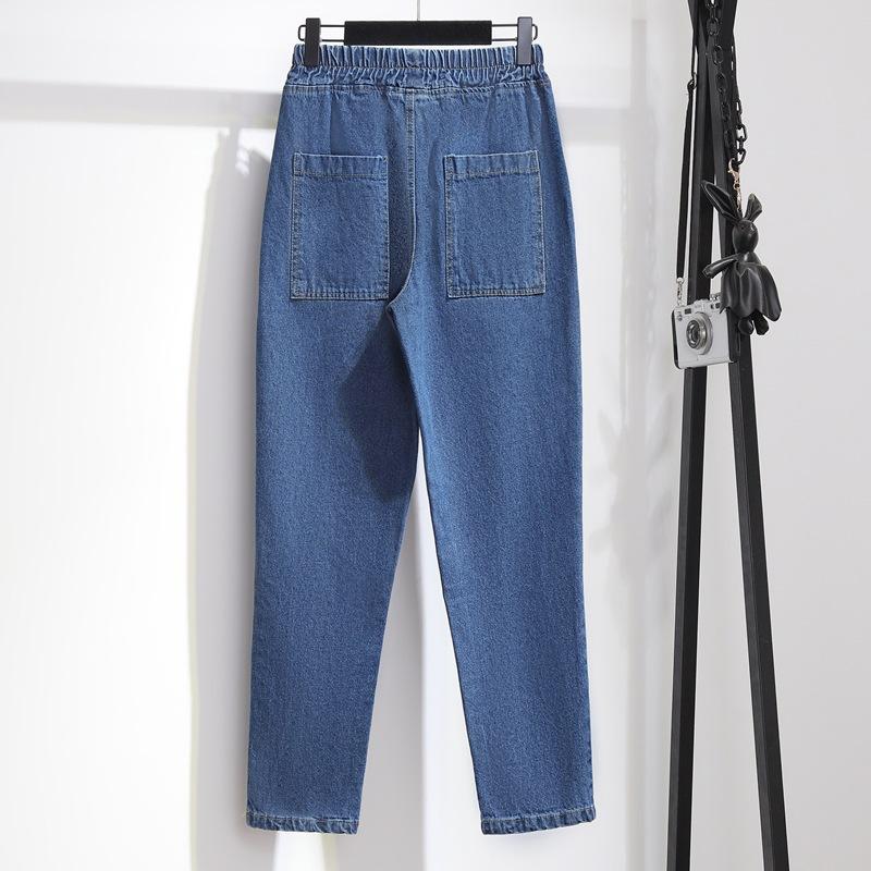 Женские джинсы больших размеров, брюки с высокой талией, свободные джинсовые женские брюки с эластичной резинкой на талии, весенние базовые брюки с карманами