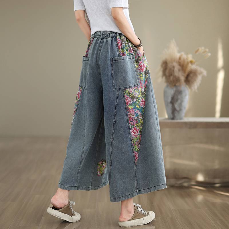 High Waist Wide Leg Denim Pants Women Arrival Vintage Style Patchwork Floral Print Loose  Casual Jeans