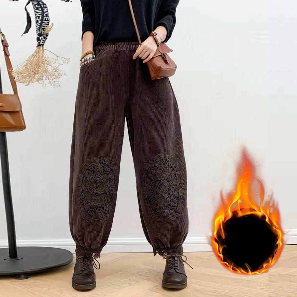Women Corduroy Plus Plush Harem Pants Autumn Winter High Waist Baggy Trousers Warm Lined Vintage Trousers
