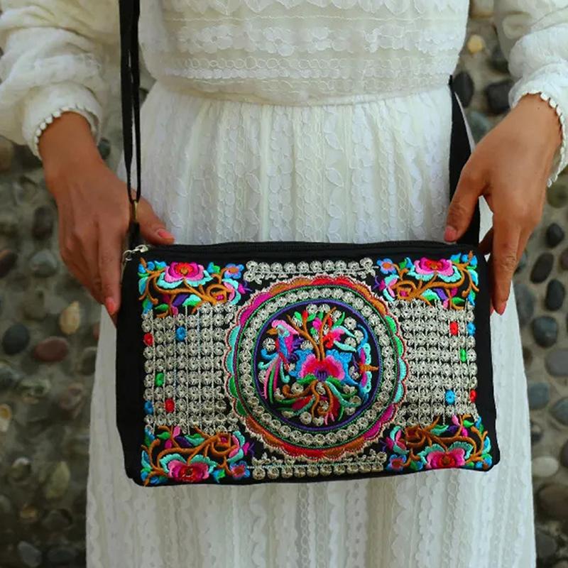 Yogodlns Сумка на плечо Юньнань, сумка с вышивкой в ​​этническом стиле, сумка через плечо, женская сумка, увеличенная тканевая сумка на три молнии, большая вместительная квадратная сумка