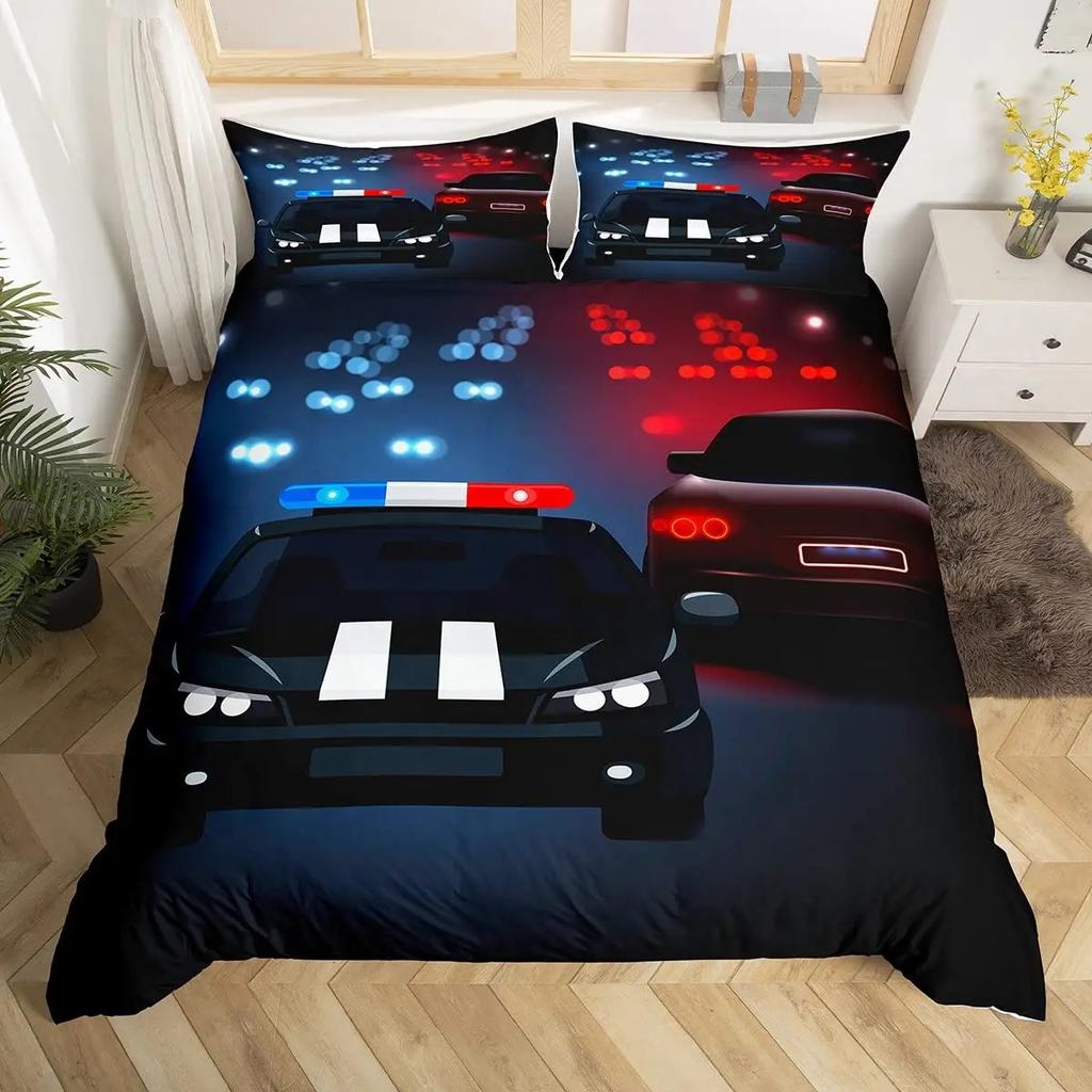 Police Car Duvet Cover Set King Queen Size Polyester Quilt Cover Cartoon Car Pattern For Kids Teens Bedding Set With Pillowcase