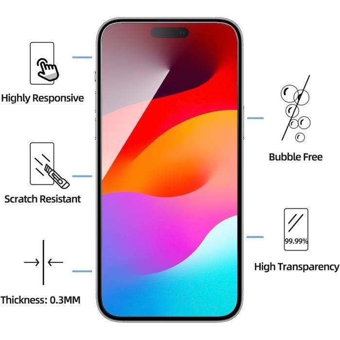 Verre Trempé - pour iPhone 15 - Pack de 2 - Installation Facile - Anti-Rayures - Dureté 9H