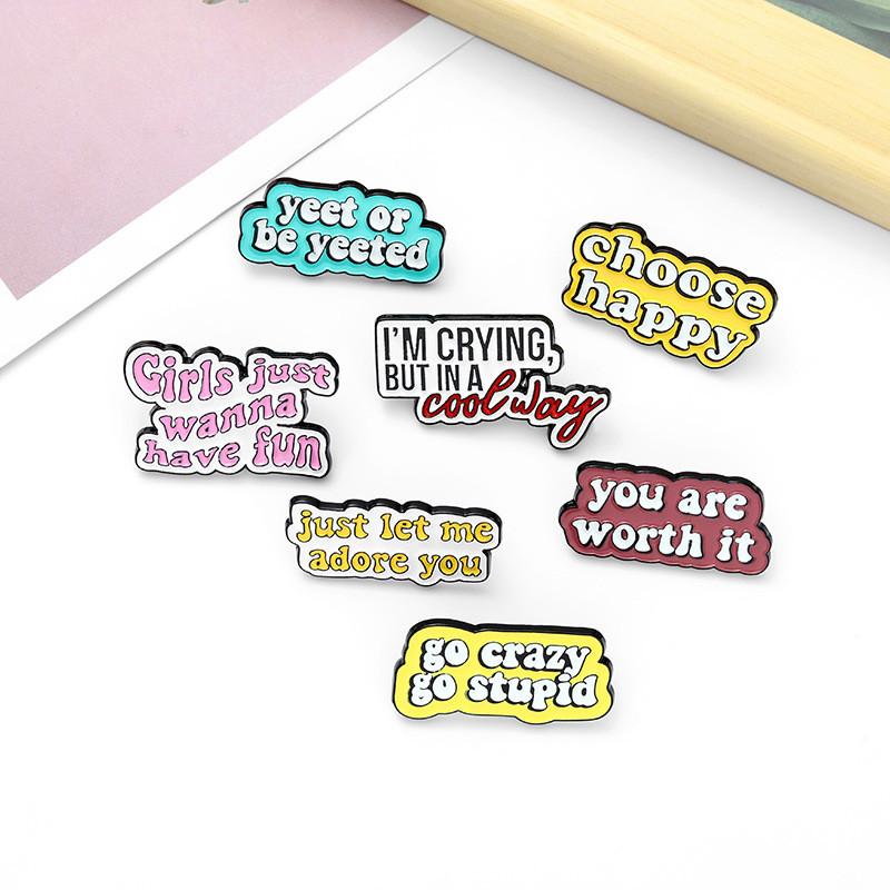 Eye-catching Minimalist Alloy Enamel Brooch With Unique English Phrases For Fashionable Accessories
