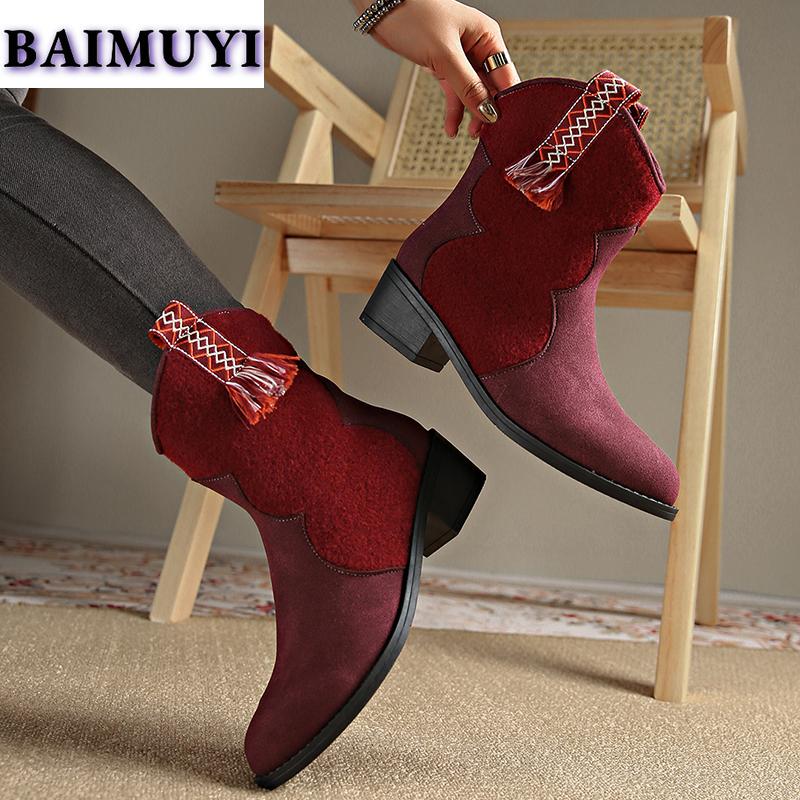 Женские ботильоны на среднем каблуке с бахромой, модная обувь 2025 года, повседневные замшевые ботинки челси на толстом каблуке, зимние новые готические туфли-лодочки Mujer Botas