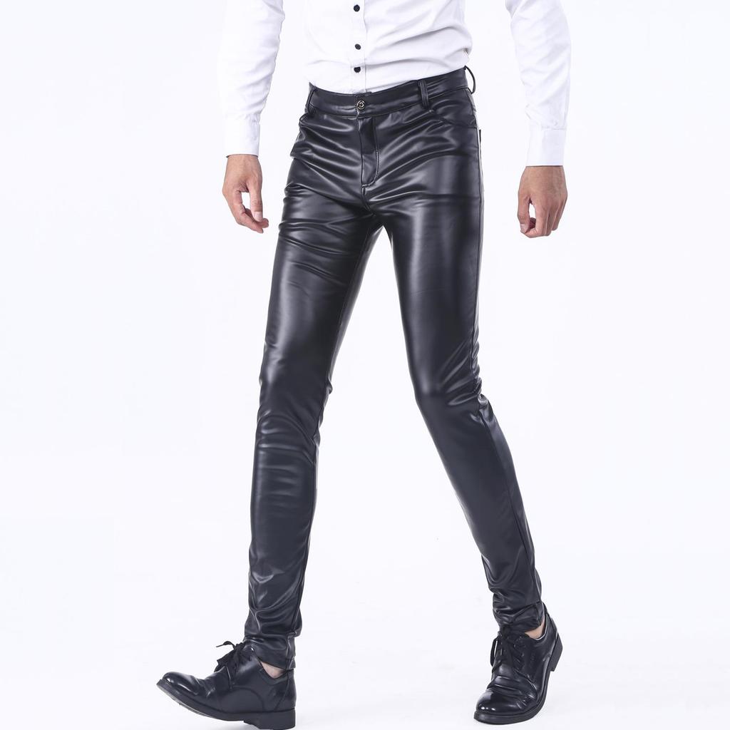 Men's Korean Style Slim Fit Motorcycle Leather Pants - Fleece-Lined, Skinny, Elastic, Spring/Autumn Trend