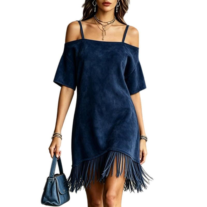 Women's Off Shoulder Short Sleeve Mini Dress Loose Casual Solid Color Summer Dress