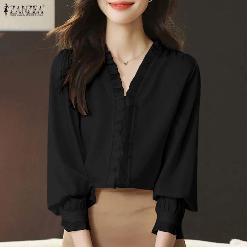 ZANZEA Женская повседневная блузка с V-образным вырезом и длинным рукавом