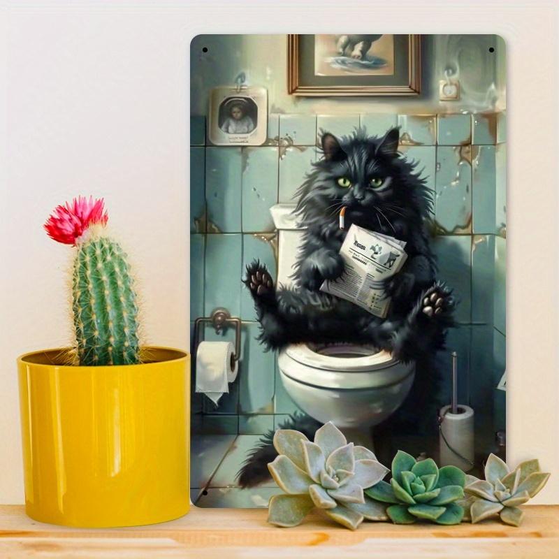 Декор комнаты 1 шт. Черный кот читает газету на унитазе Жестяная табличка - Юмористический декор стены ванной комнаты, Винтажная жестяная табличка, Уникальный подарок для любителя кошек