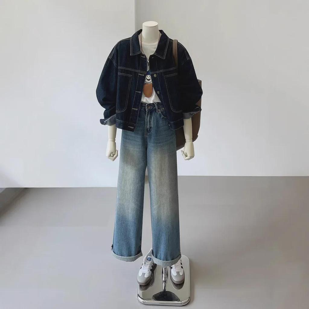 Женская джинсовая куртка темно-синего цвета, в стиле рабочей одежды, в осеннем корейском стиле, с повседневным дизайном карманов, облегающий крой.