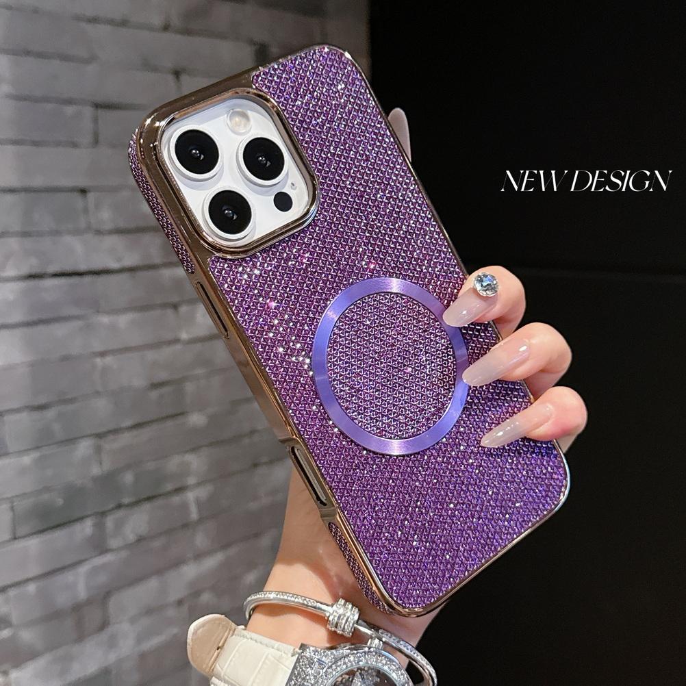 Shiny Rhinestone Glitter Plated Border Magnetic Ring Case for iPhone 16 Pro Max 15 Plus 14 + 13 Pro 12 11 Lens Protection Cover