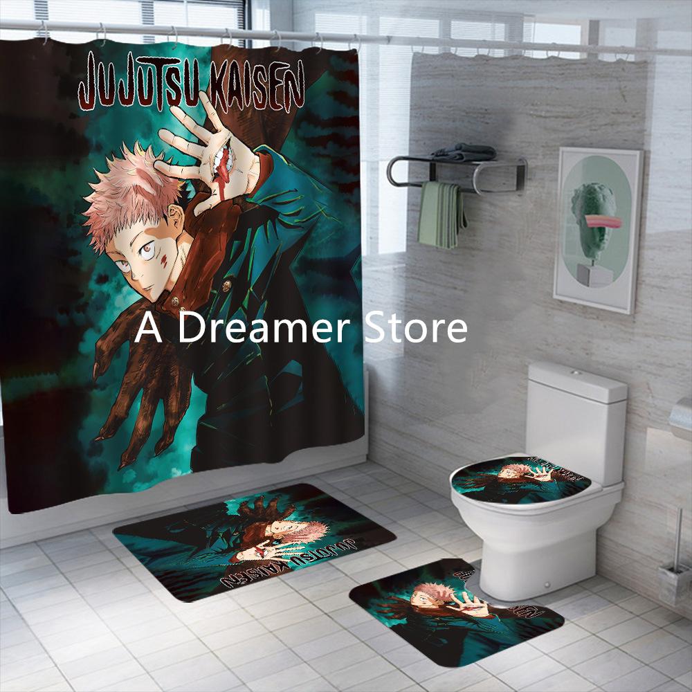 New Anime Jujutsu Kaisen Shower Curtain Set 4Piece Waterproof Polyester Bathroom Curtains For Adults Boys Decor Bath Mats Rugs