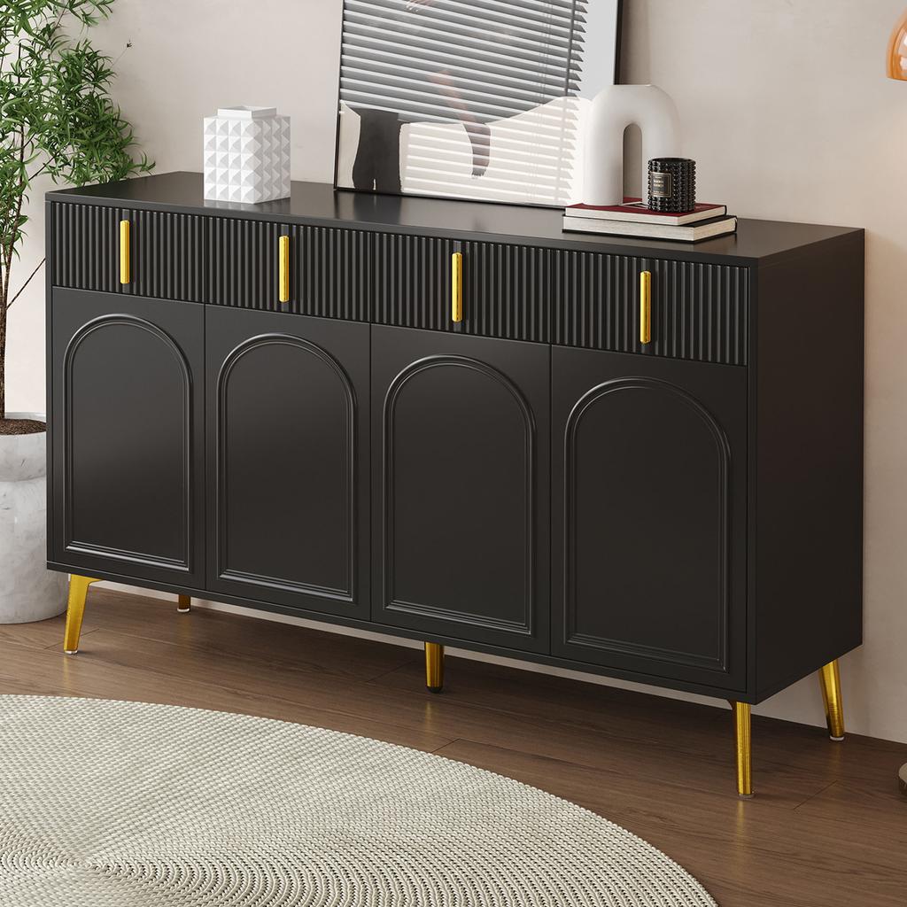 Sideboard with Golden Handles and Legs, 4 Doors, 4 Drawers, with Removable Laminate, Suitable for Living and Dining Room, 140*38*82 cm.