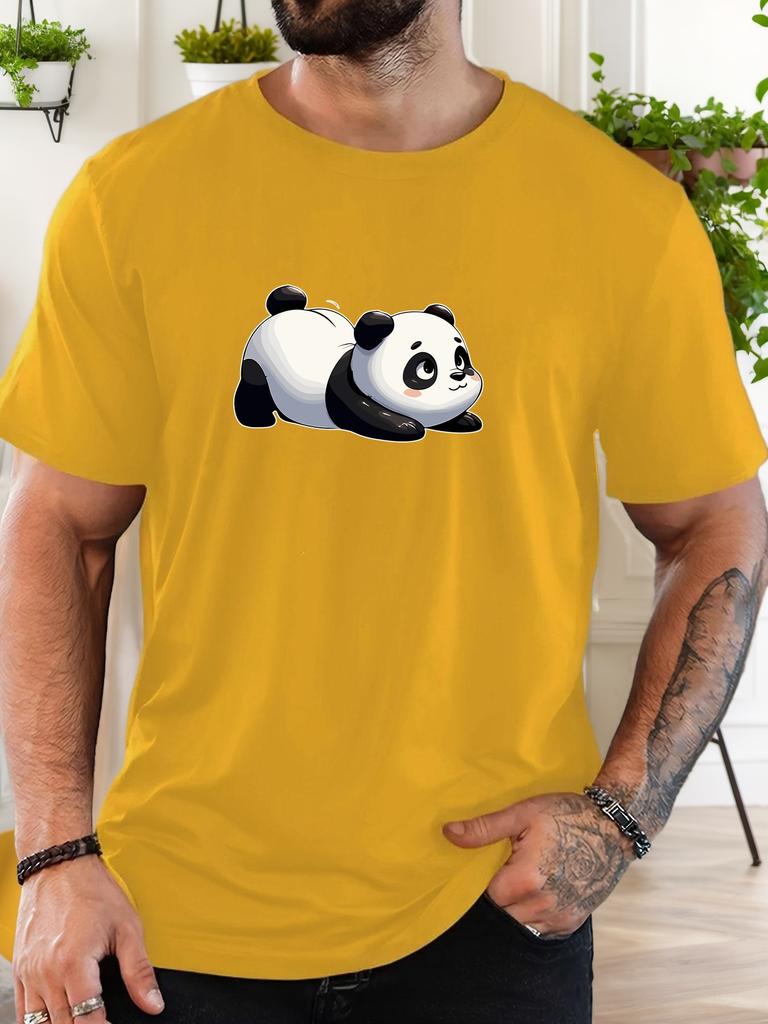 Unisex Khaki Crew Neck Tee Cute Lying Chubby Giant Panda Cartoon Animal Illustration Chinese Wildlife Fan Soft Cotton Male Tops