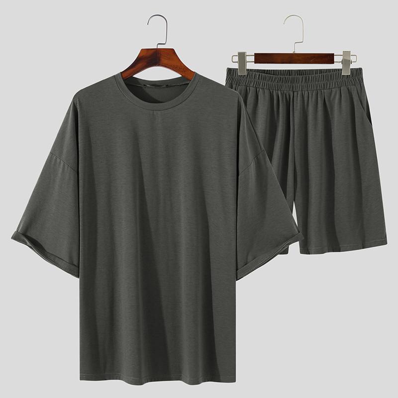 2PCS Summer Sets Oversized Men Short Sleeve Tops Shorts Casual Baggy Homewear Sleepwear