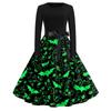 Women Casual Halloween Printed Round Neck Vintage Dress Long Sleeve Fit Flared Skirt Belted Waist Retro Style Dress for Autumn