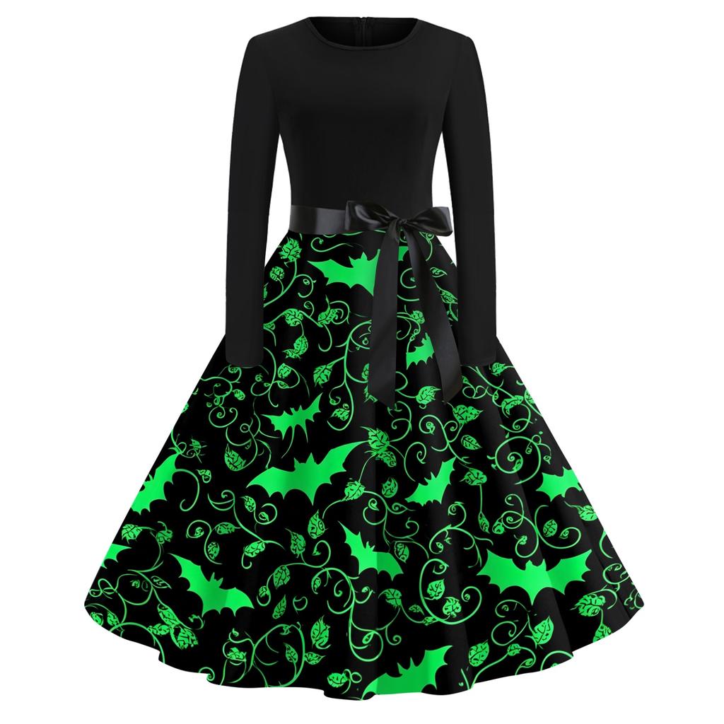 Women Casual Halloween Printed Round Neck Vintage Dress Long Sleeve Fit Flared Skirt Belted Waist Retro Style Dress for Autumn